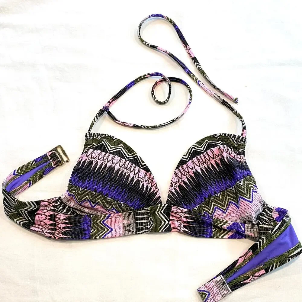Mossimo L UNUSED Pink, Purple,‎ Black Print Lightly Padded Bikini Top